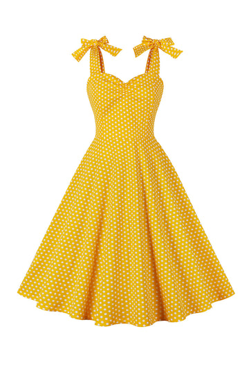 Amarelo Polka Dots Mangas Esparguete Correias Vestido Vintage